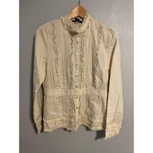 Susan Lewis Top Womens Medium White Ruffle Lace Button Up High Neck Romantic Y2K